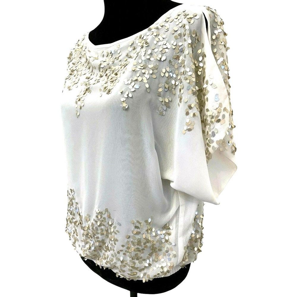 Cache Womens Cold Shoulder Dolman Blouse Top Size XS Cream Chiffon Sequin Trim - Picture 5 of 12